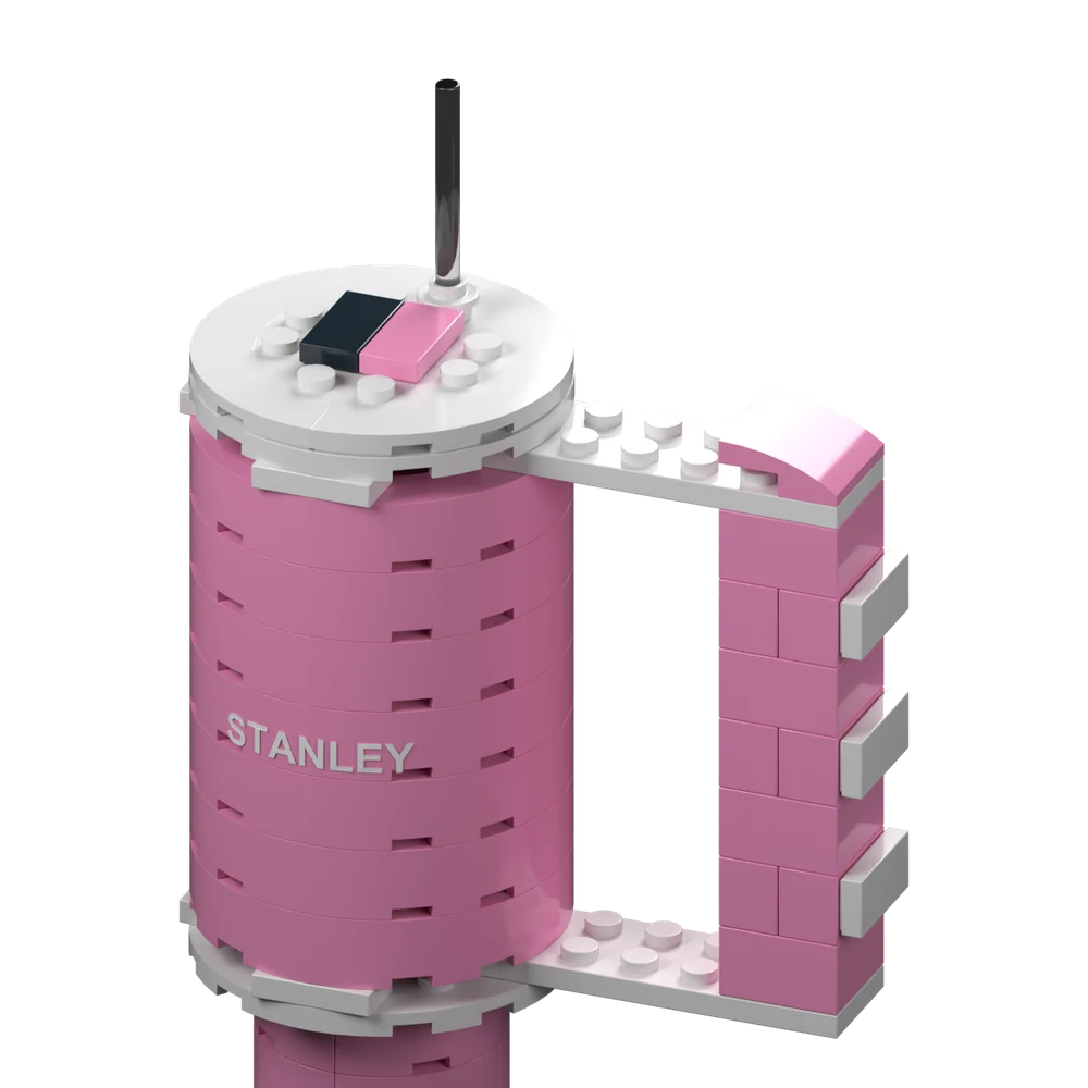 Close-up digital render of the pink tumbler’s brick rim, dark straw and white handle