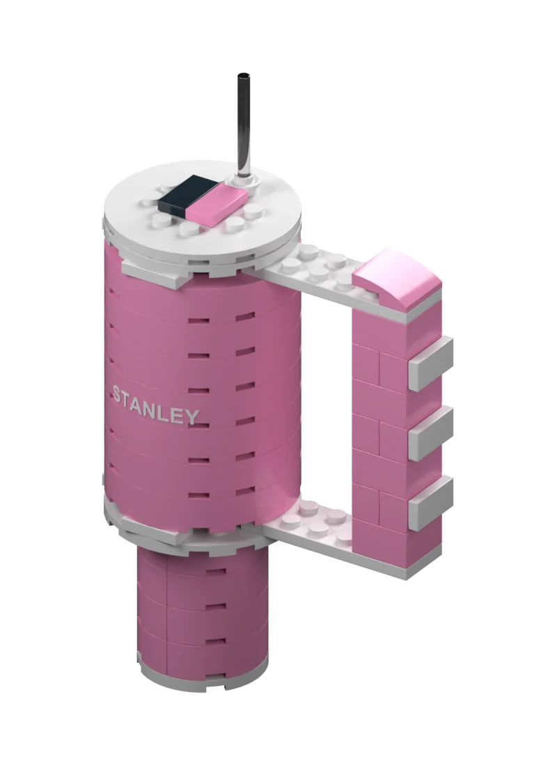 Pink mini brick tumbler with a white handle and dark straw