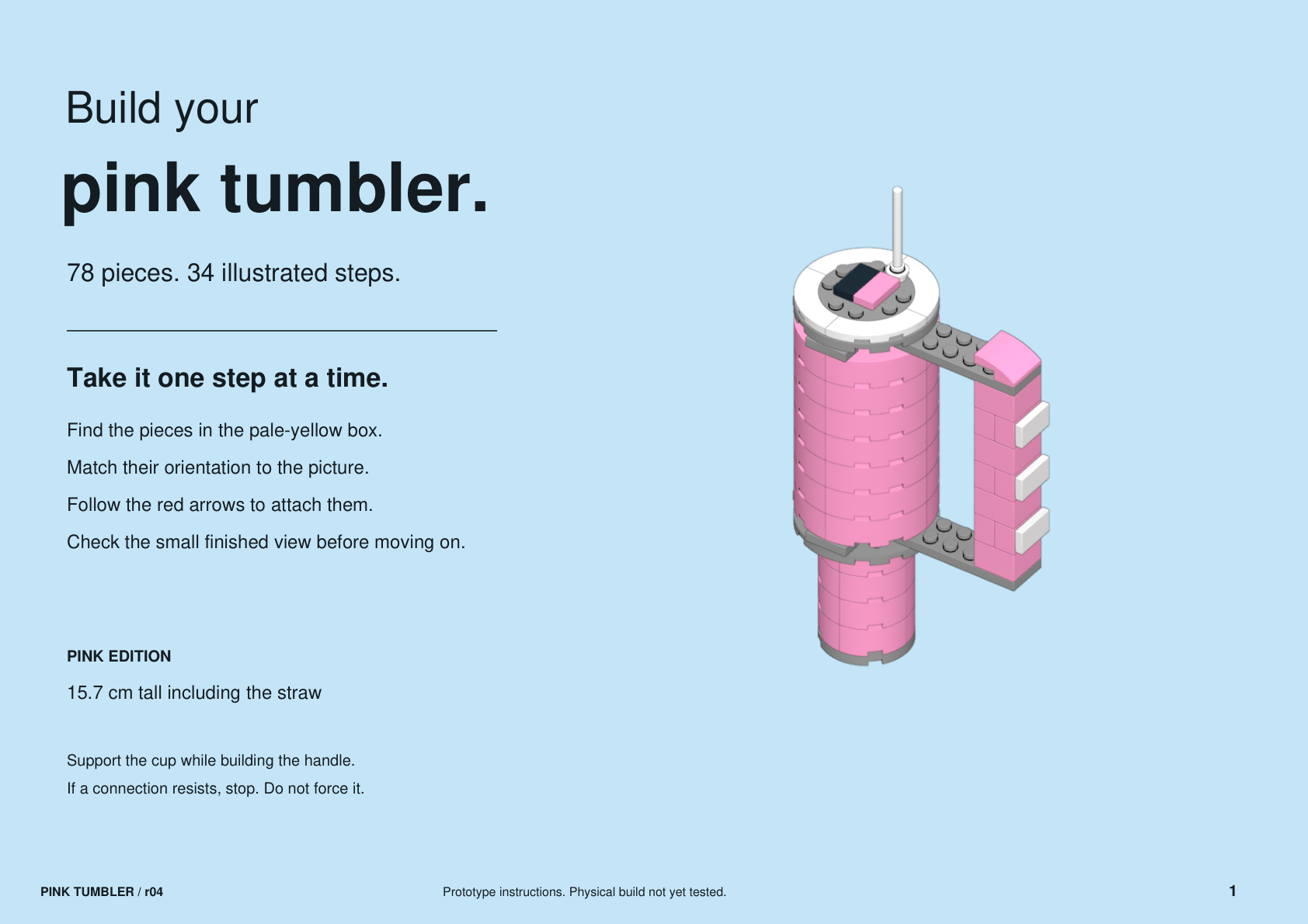 Pink Mini Tumbler illustrated booklet cover, with guidance on matching the pieces and following placement arrows.
