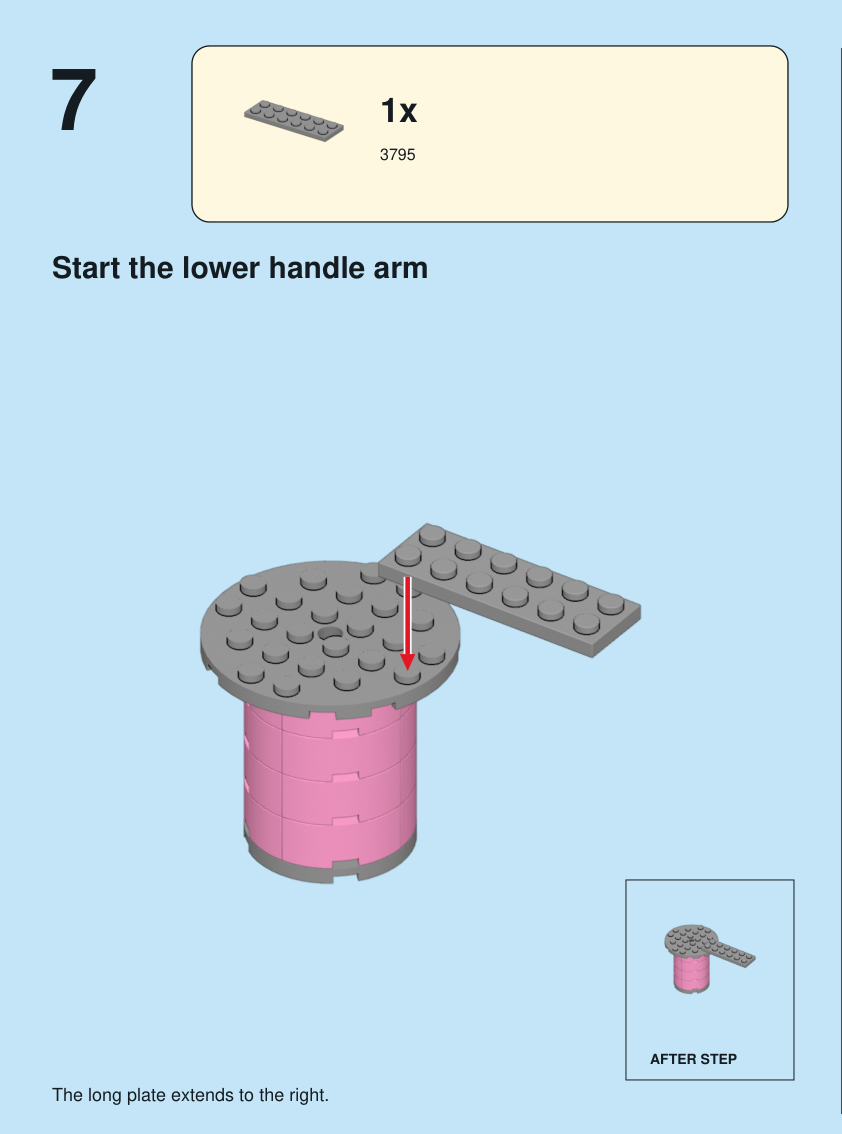 Step 7. Start the lower handle arm. The long plate extends to the right. Pieces: 1 x part 3795, color 71.