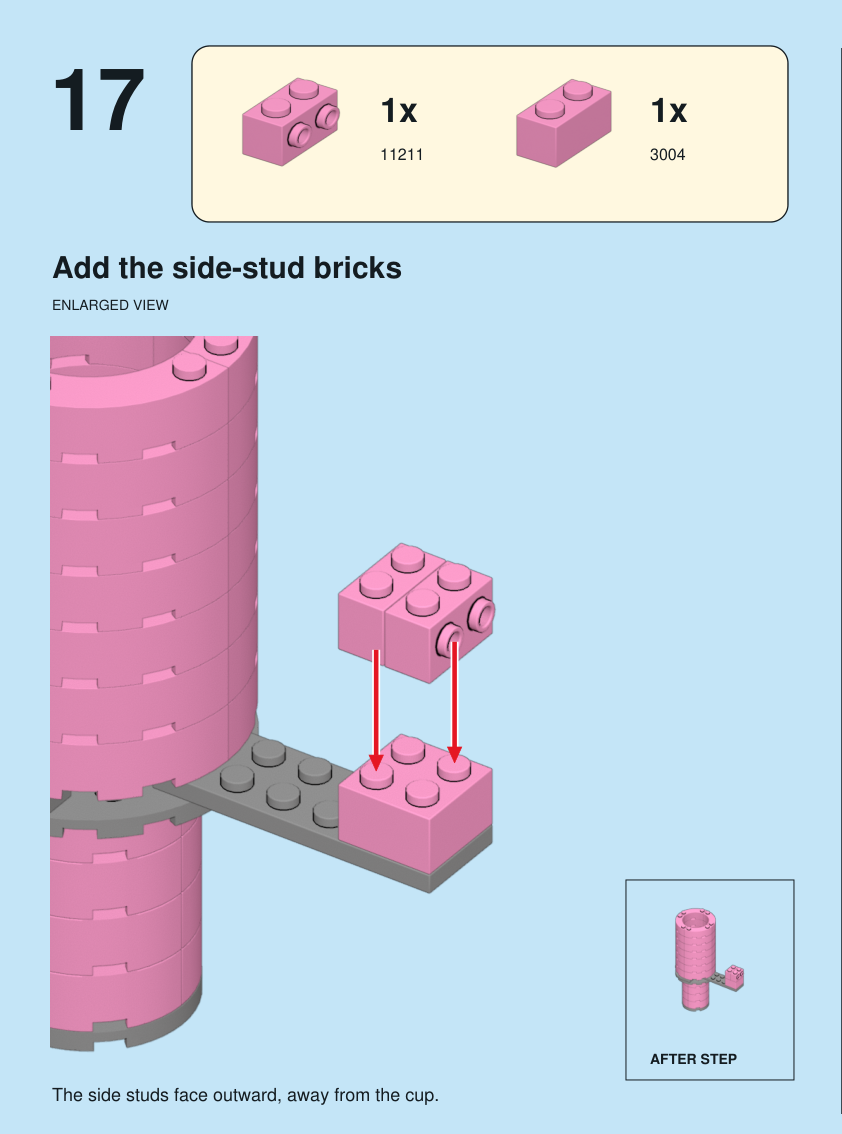 Step 17. Add the side-stud bricks. The side studs face outward, away from the cup. Pieces: 1 x part 11211, color 29; 1 x part 3004, color 29.