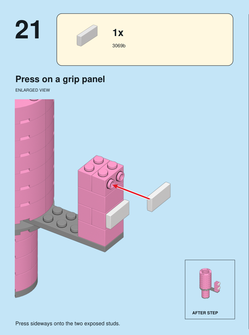 Step 21. Press on a grip panel. Press sideways onto the two exposed studs. Pieces: 1 x part 3069b, color 15.