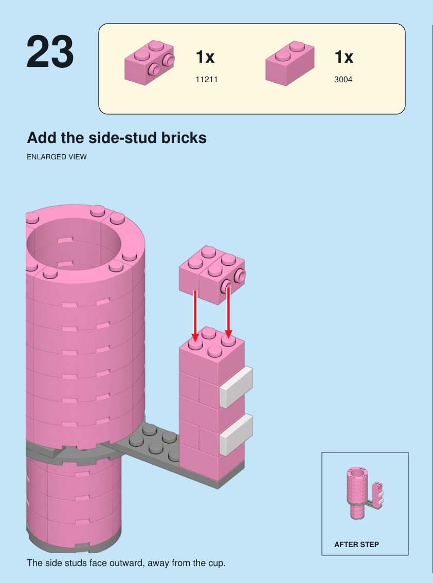 Step 23. Add the side-stud bricks. The side studs face outward, away from the cup. Pieces: 1 x part 11211, color 29; 1 x part 3004, color 29.