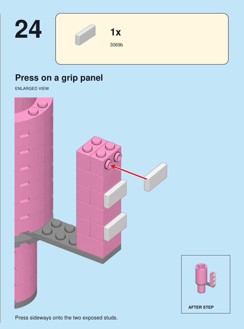 Step 24. Press on a grip panel. Press sideways onto the two exposed studs. Pieces: 1 x part 3069b, color 15.